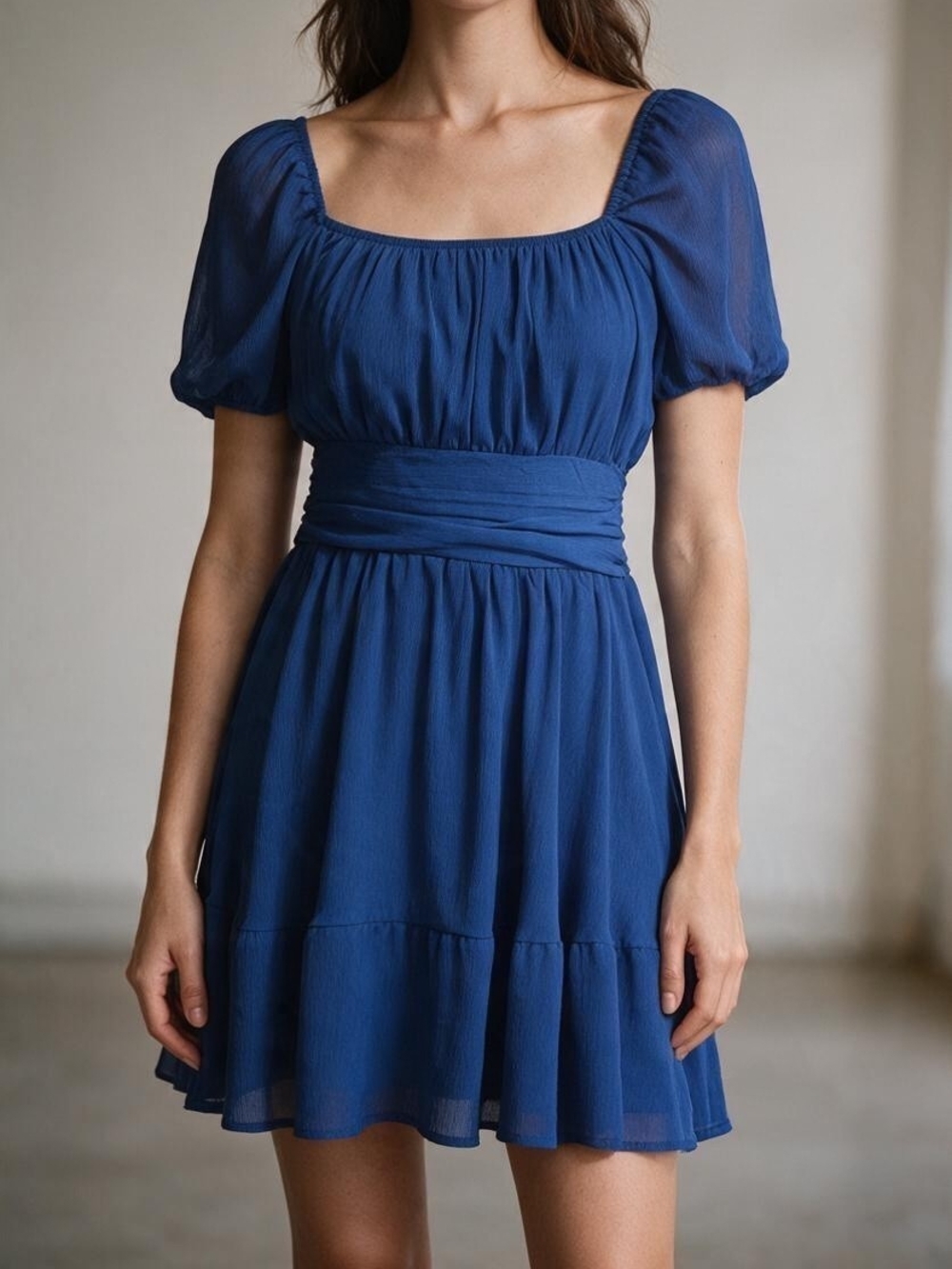 Square Neck Puff Sleeve Mini Dress in Deep Blue
